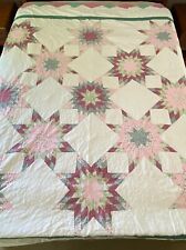 Vintage 8 Point Star Cutter Quilt Hand Quilted Machine Stitched Pink Green 80x92 picture