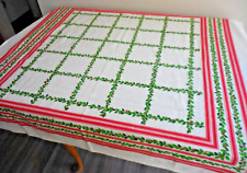 Vintage Christmas Cotton Tablecloth w Holly & Berries Red Stripes 50