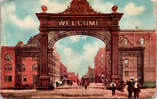 Vintage 1910 Old Welcome Arch, People, Trolley, Denver Colorado Co Postcard picture