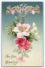 c1910's New Year Greetings Flowers Wisnch Back Embossed Newry Maine ME Postcard picture