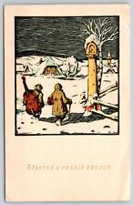 Christmas~Couple Walks Home in Winter~Cello~Birdhouse~Slovak~Vintage Postcard picture