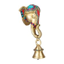 Multi Color Brass Ganesha Face With Bell on Trunk Wall Hanging Wall Home Decor picture