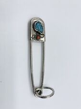 Risdon Key Tag Holder Turquoise/Coral Giant Safety Pin Navajo Southwest Native picture