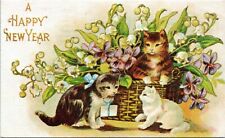 postcard A Happy New Year - cats in basket Evergreen Press advert reprint Kitten picture