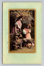 RPPC Hand Tint Easter Girls Lambs Flowers Gold Framed Studio Pose P.U.1911(A327) picture