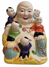 LAUGHING BUDDHA CERAMIC COOKIE JAR 5 CHILDREN DATED 1999 CLAY ART picture