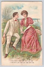 Postcard Valentine Love  Man Courting Woman & Roses Poem Vintage Embossed 1908 picture