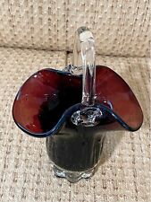 Vtg Amethyst Art Glass Deep Purple Basket Fluted Ruffle Design Vase W/crystal Ha picture