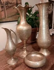 Vintage Brass Etched Floral Vases,Pitcher And Saucer Bowl picture
