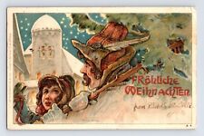 Postcard Christmas Woodsman Cutting Tree Frohliche Weihnachten 1904 Posted picture
