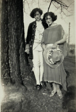 Two Pretty Women In Costume Standing By Tree B&W Photograph 2.5 x 3.5 picture