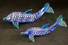 Pair of (2) Lenox Blue & White Blown Glass Dolphins~Larger & Smaller~EUC picture