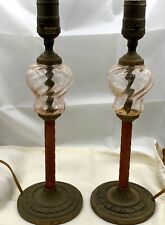 Antique Pair Pink Hand blown Glass Swirl  Metal Lamps Rare Whale Oil Lamps? 14
