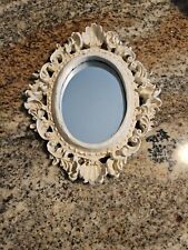Vintage Mini Oval Wall Mirror Ornate Scallop Distressed Whitewash Shabby Cottage picture
