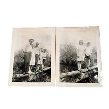 Vintage 1940s B&W Photo Family Sit on Fallen Tree Over A Road Children Lady Man picture