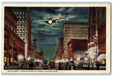 c1930's Main Street Looking North at Night Dayton Ohio OH Moonlight Postcard picture