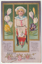 c1910s~ Kid & Easter Bunny In Wheelbarrow~Tulips~Embossed Antique Art Postcard picture