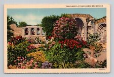 Postcard Stone Church Garden San Juan Capistrano California CA, Vintage Linen i8 picture