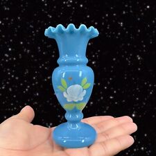 Antique Hand Blown Art Glass Vase Hand Made Painted Floral Blue With Ruffled Top picture