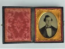 ANTIQUE 1860's 1/9 PLATE AMBROTYPE TINTYPE GENTLEMAN IN TUXEDO - LEATHER CASE picture