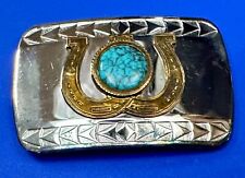 Round Turquoise centerpiece in lucky horseshoe Vintage two tone Belt Buckle picture