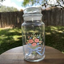 Vintage LIBBEY Glass Canister Pink,Yellow  Blue Floral Bouquet W/Blue Bow 8 1/2” picture