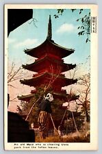 Ueno Park Tokyo Japan Old Maid Clearing Fallen Leaves VINTAGE Postcard picture