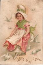 Postcard, With Fond Love, Child and Dove Original Antique Card, Posted 1908 picture