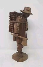 VINTAGE HAND CARVED Wood TRAVELING MAN W/ Axe FIGURINE Collectible Very Rare picture