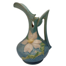 Vintage Roseville Pottery Blue Ewer Pitcher Vase Clematis 10.25