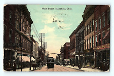 Pedestrians Trolley Main Street Mansfield Ohio 1912 Antique Postcard E3 picture