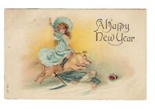 c1907 New Year Postcard Victorian Girl Riding Pig & Father Time - Embossed picture