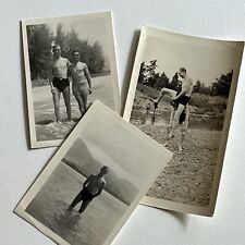 Vintage Snapshot Photograph Lot of 3 Handsome Young Men Bathing Suit Lake picture