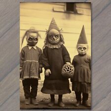 POSTCARD Weird Creepy Vintage Vibe Kids Masks Halloween Unusual Family V picture