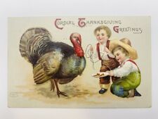 Victorian VTG Antique Postcard Thanksgiving Boys Feeding Turkey Int'l Art Publ.  picture
