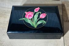 Vintage Black Floral Jewelry Box Made In Japan Musical Plays Love Story 7 5/8” picture
