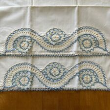 PAIR VINTAGE PILLOW CASES EMBROIDERED BLUE FLORAL 32