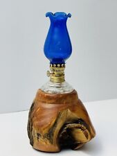 Vintage Glass Oil Lamp with Handmade Wooden Base and Beautiful Cobalt Chimney picture