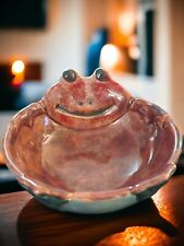 Hand Painted Ceramic Porcelain Frog Trinket Dish Bowl Signed Vtg 1988 Red Blue picture