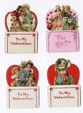 VALENTINES 4 Small 3-D Pull Down Cards 1900 Die Cuts Children Hearts Stand Alone picture