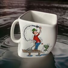 Vintage Humorous FLY FISHING Cartoon Mug 'THE RESULTS OF OVER CAST' Square Twist picture