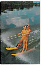 Water Skiing is Fun~c1950 Happy Couple Shares Skiis & Smiles~Vintage Postcard picture