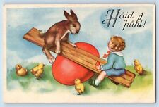 Latvia Postcard Easter Little Boy And Rabbit Playing See Saw Giant Egg Chicks picture