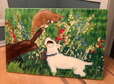 Large Ceramic Art Tile of Dog and Cat on a Limb - Decorative Size 11