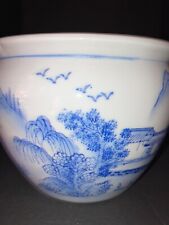 Vintage Chinese 6” Blue & White Flower Pot. Mid-Century. Countryside Landscape. picture