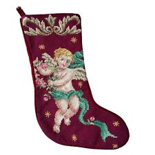 VTG 1991 100% Wool Needlepoint Embroidered Angel Cherub Stocking Christmas Décor picture