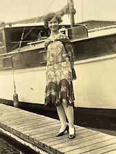 XG Photograph Pretty Woman Wood Dock Boat Dress Lovely 1930-40's picture
