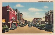 Main Street Waterville ME Maine Bank Clock Store Fronts c1940's Postcard E21 picture