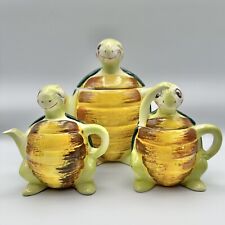 Vintage Enesco Swifty Turtle Teapot Creamer & Covered Sugar Bowl Set Japan /cb picture