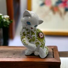 Vintage Italian Hand Painted Ceramic Blue Eyes Cat Floral Body  Made In Italy picture